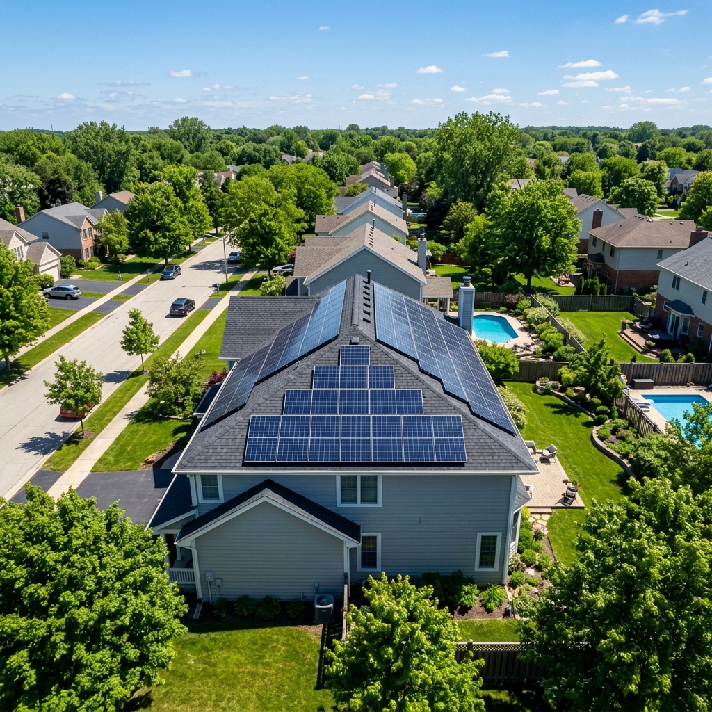 Row of solar panels installed on a residential rooftop under clear sky