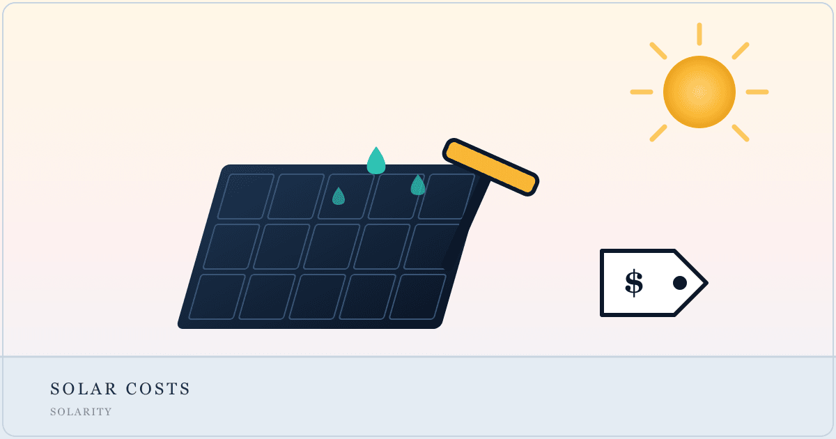 Illustration of a solar panel being cleaned with a squeegee and water droplets beside a price tag