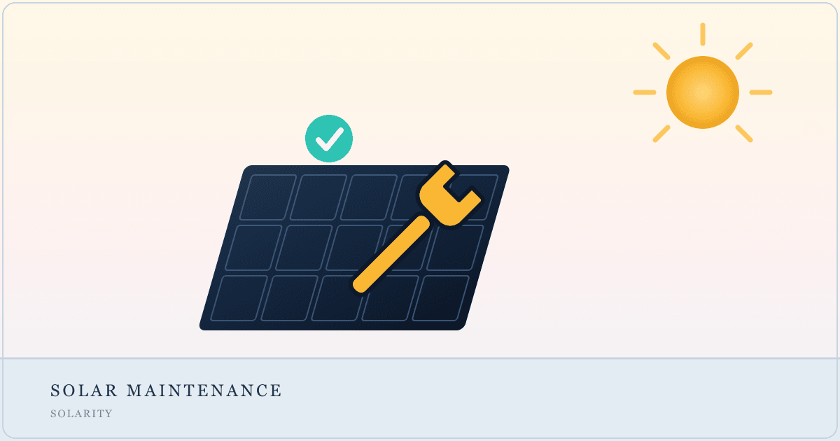 Illustration of a solar panel with a wrench and a status check, representing solar panel maintenance